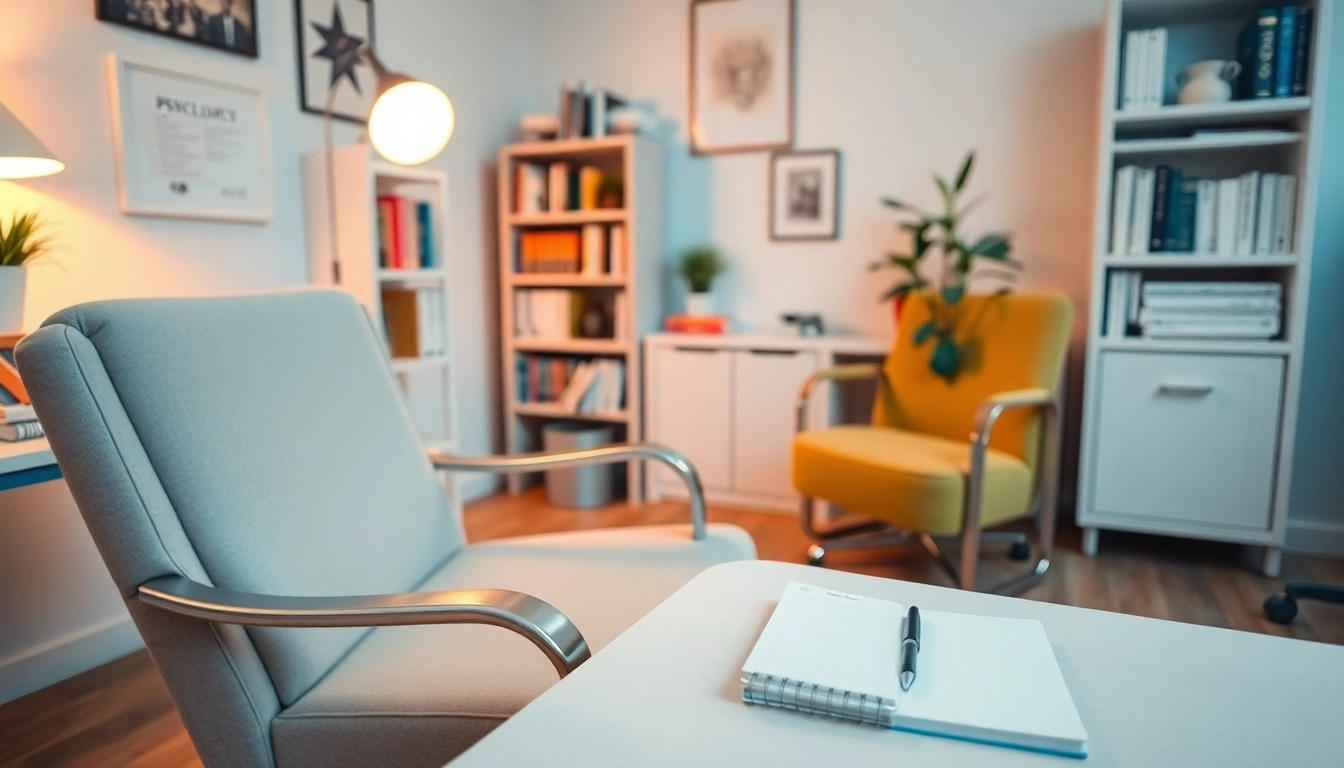 Engaging psychologist's workspace emphasizing calming colors and inviting decor to highlight Psychology concepts.